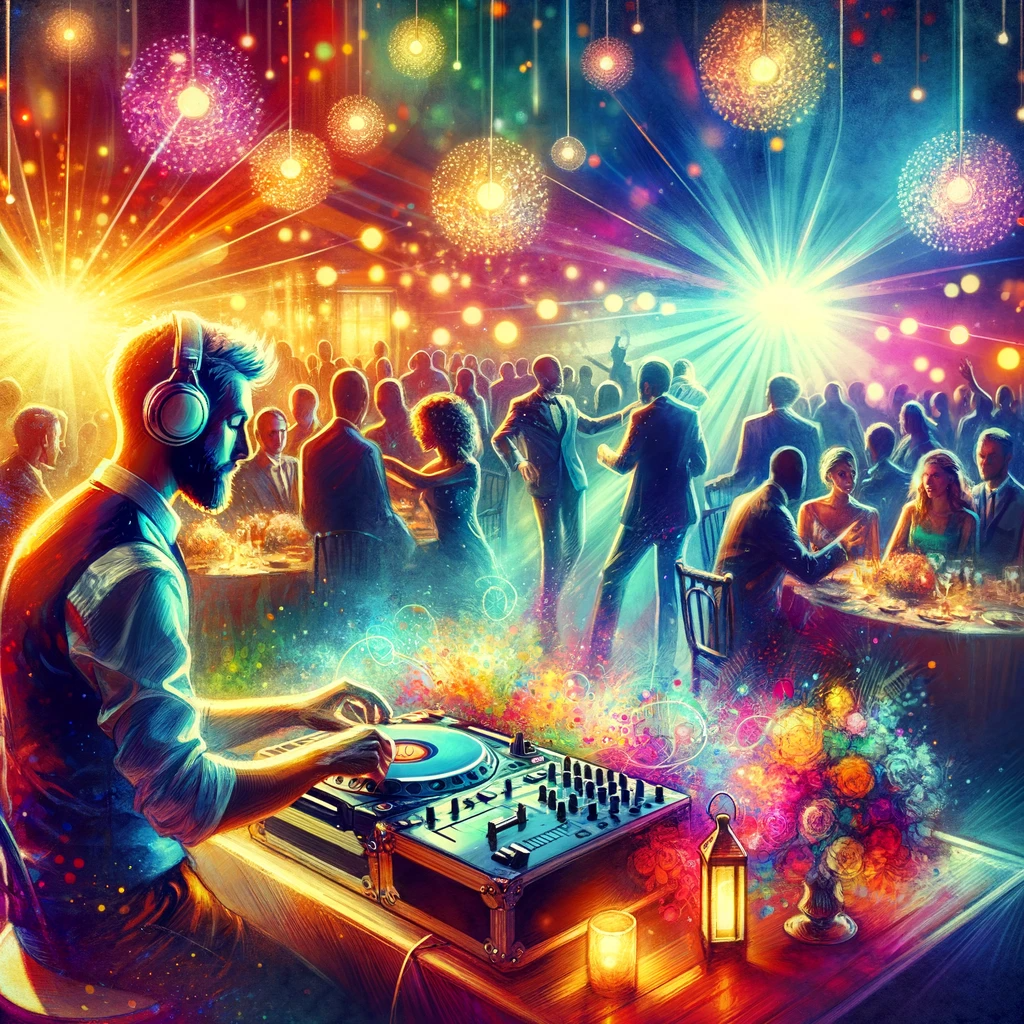 DALL·E 2023-11-27 13.59.43 – A vibrant and artistic representation of a DJ at a wedding, creating a magical atmosphere through music. The image showcases a diverse wedding scene w
